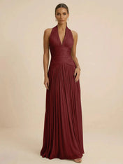 Sage Green Halter Neck Pleated Chiffon Evening Gown with Ruched