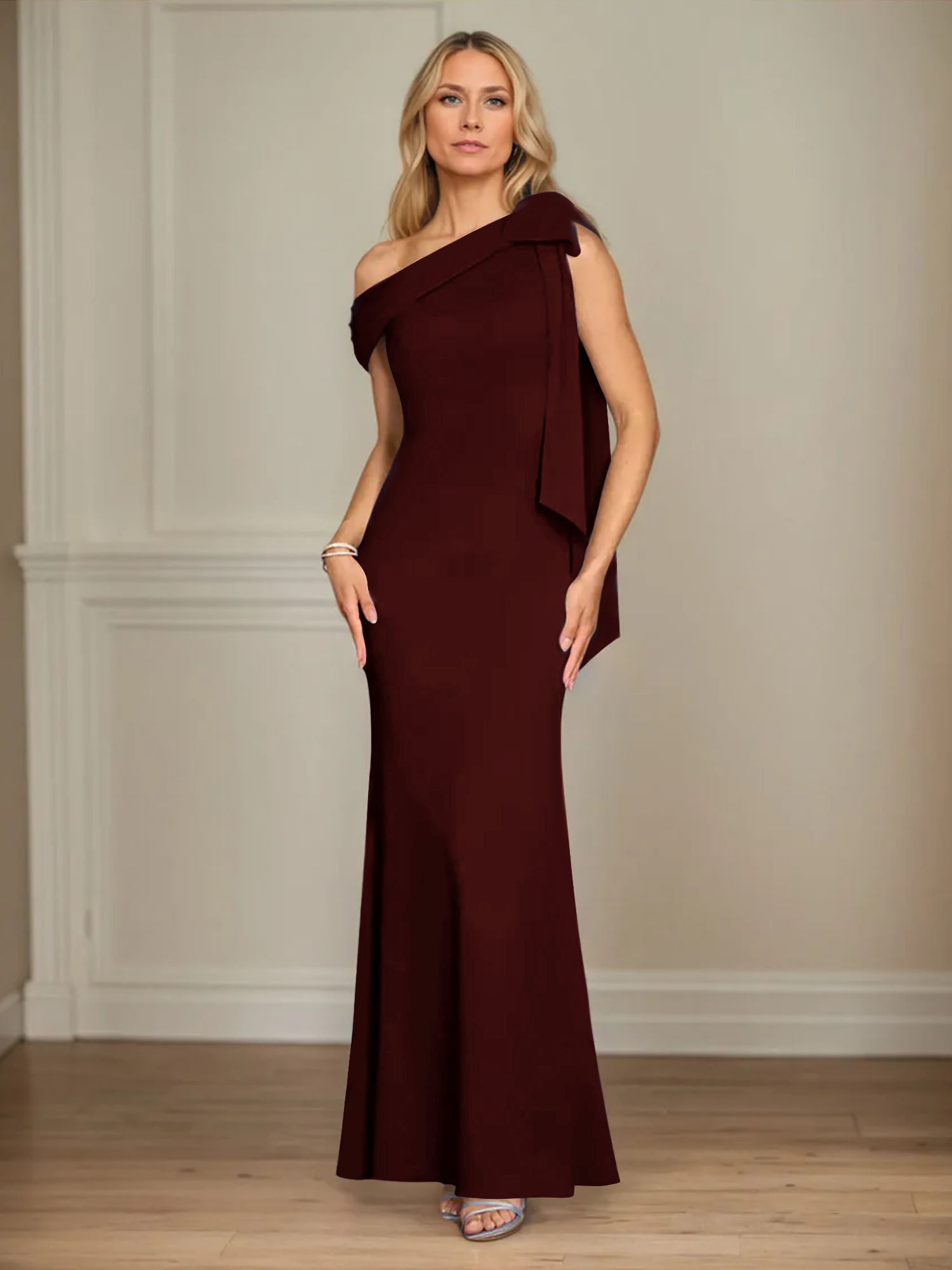 Mermaid One Shoulder Sleeveless Stretch Crepe Mother of the Bride Dress With Bow