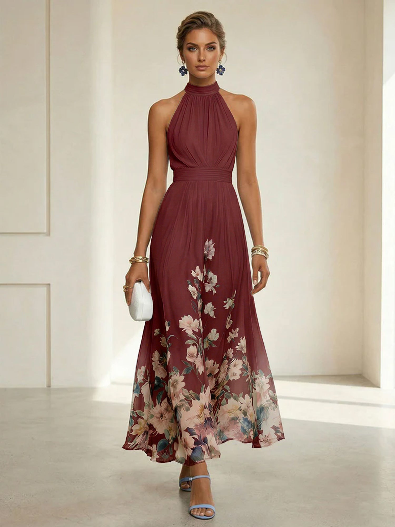 Light Blue Floral Chiffon Halter Sleeveless A-Line Maxi Dress Gown