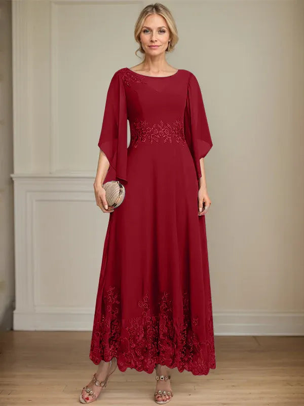 Robe de mère de la mariée trapèze en mousseline de soie et dentelle, longueur cheville, décolleté en V, illusion, avec paillettes 