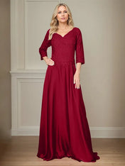 A Line Chiffon V Neck 3/4 Sleeves Floor-Length Mother Of The Bride Dress With Appliques