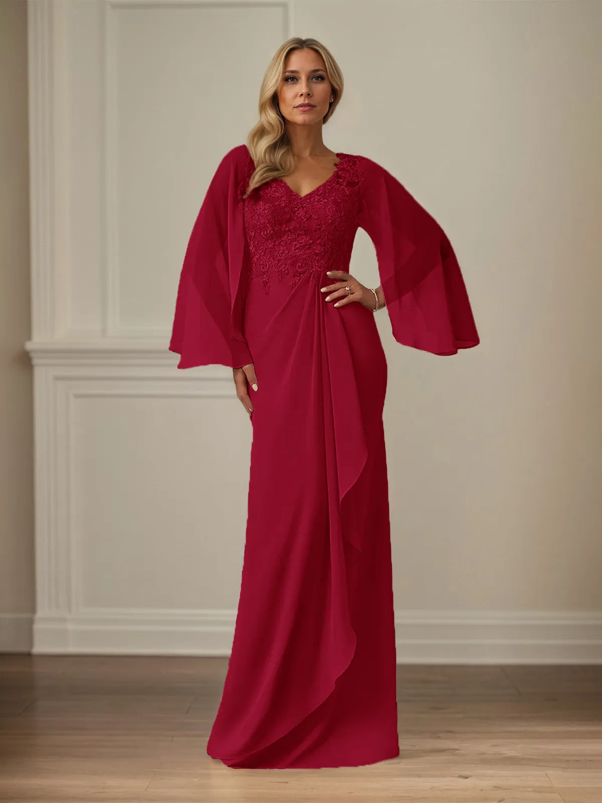 Column Chiffon V Neck Long Sleeves Floor Length Mother of the Bride Dresses With Appliques