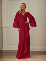 Sheath/Column Chiffon V Neck Long Sleeves Floor Length Mother of the Bride Dresses With Appliques