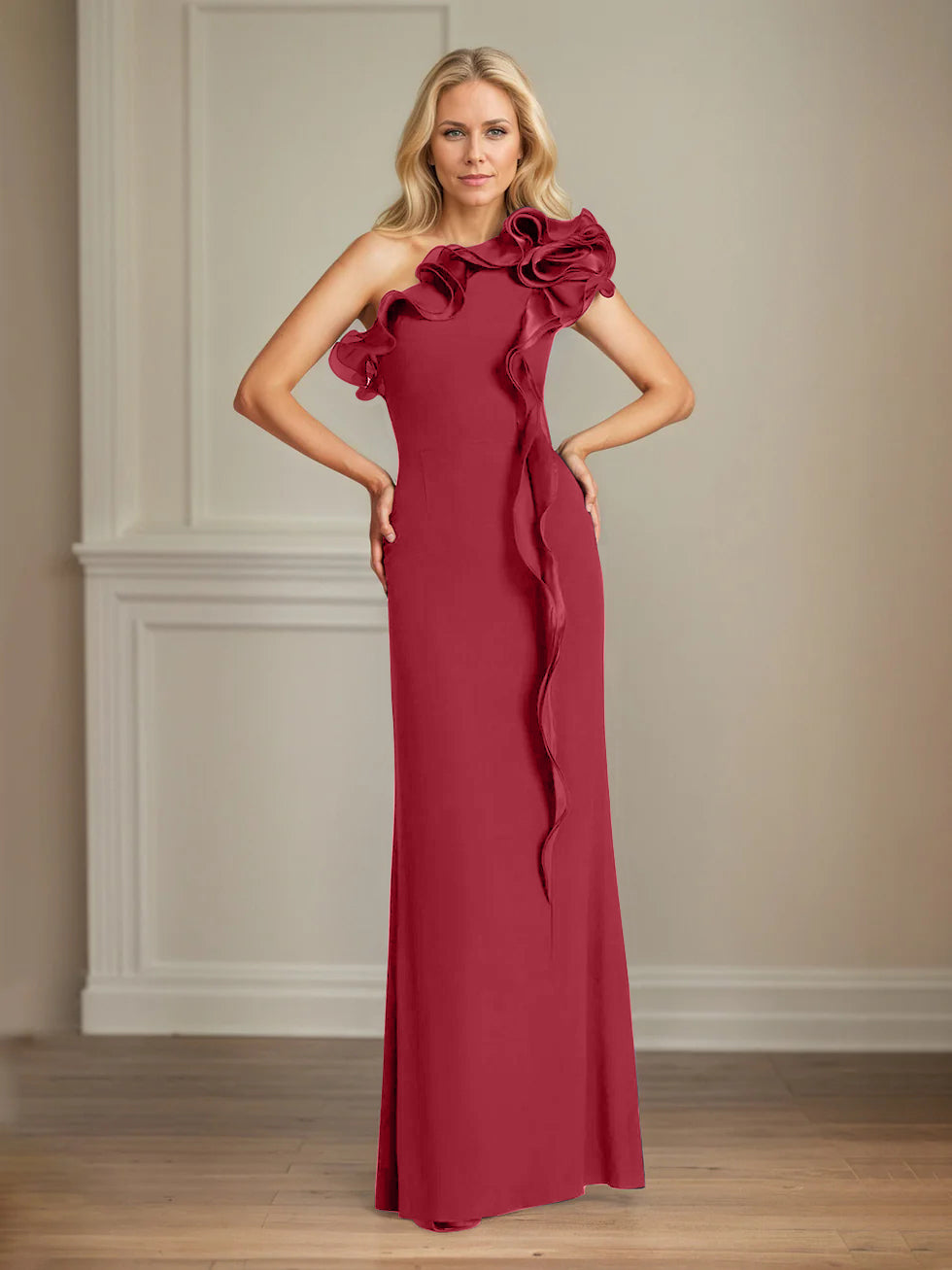 Column One Shoulder Floor Length Mother of the Bride Dresses With Ruffles
