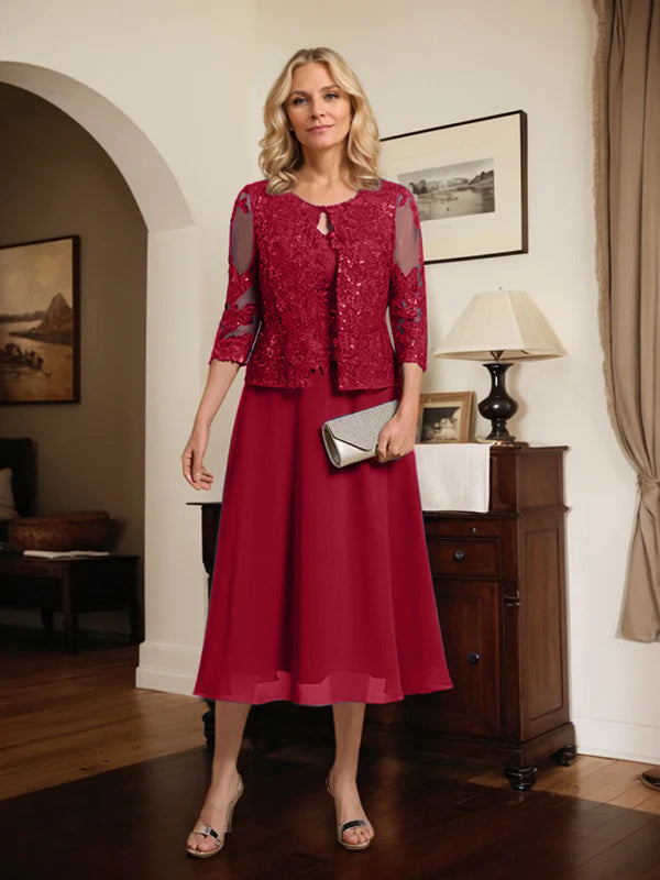 A-line Scoop Tea-Length Lace Chiffon Mother of the Bride Dress With Sequins