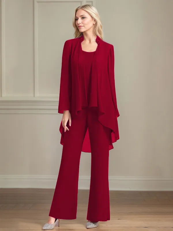 Chiffon Scoop Neck Long Sleeves Floor Length Mother Of The Bride Pantsuits