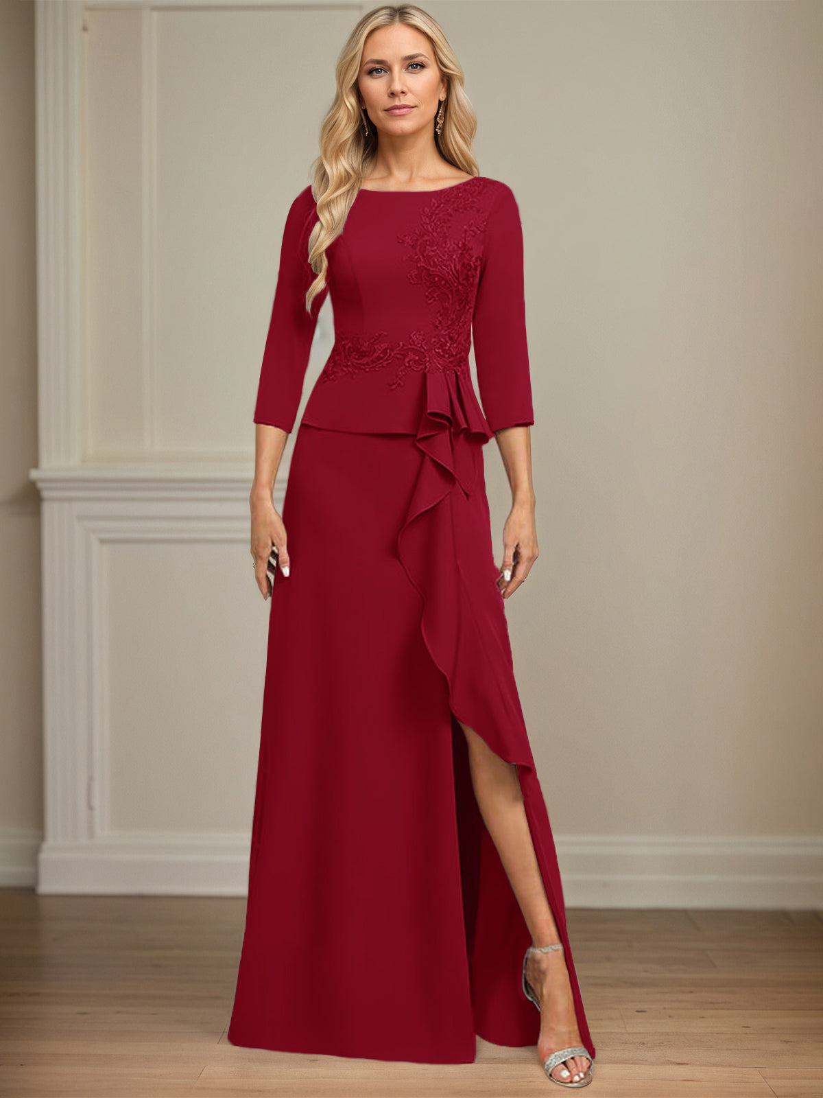 Column Scoop Floor-Length Stretch Crepe Dress With Cascading Ruffles Appliques