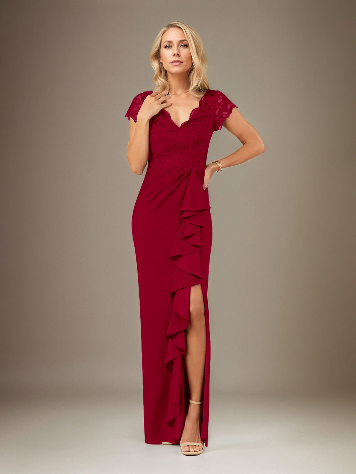 Column V Neck Short Sleeve Floor Length Chiffon Dress With Cascading Ruffles