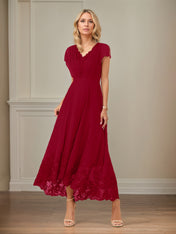 A Line V Neck Flutter Sleeve Ankle Length Chiffon Dress With Appliques