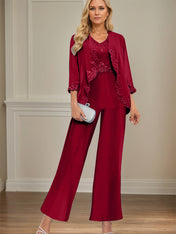 Elegant Simple Scoop Neck Floor Length Mother of the Bride Pantsuit Wedding Guest Dress