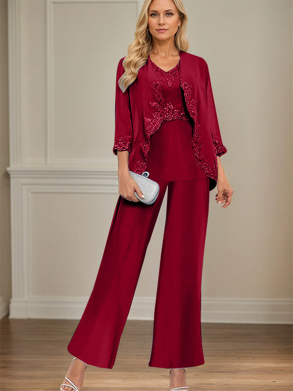 Elegant Simple Scoop Neck Floor Length Mother of the Bride Pantsuit Wedding Guest Dress