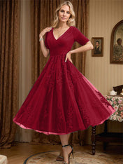 A-line V-Neck Tea-Length Tulle Lace Mother of the Bride Dress With Pleated