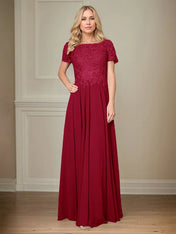 A Line Chiffon Boat Neck Short Sleeves Floor Length Pleated Mother of the Bride Dresses