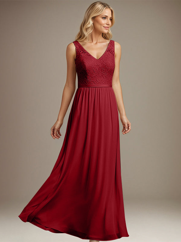 Dusty Blue A-line V Neck Floor-Length Lace Chiffon Mother of the Bride Dress