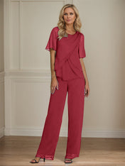 2 Piece Jumpsuit / Pantsuit Crew Neck Floor Length Chiffon Mother of the Bride Dress