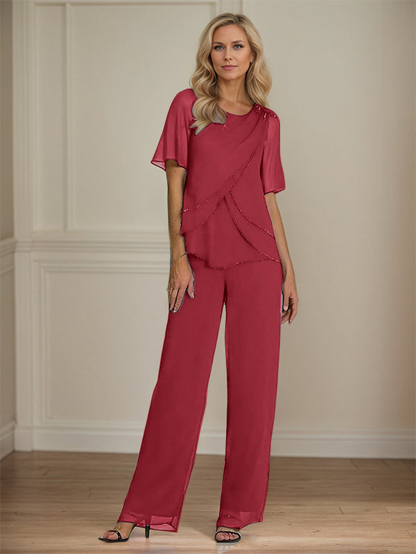  Pantsuit Crew Neck Floor Length Chiffon Mother of the Bride Dress