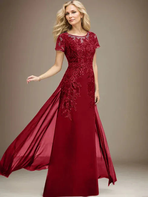 Column Scoop Illusion Floor-Length Lace Chiffon Mother of the Bride Dress With Sequins