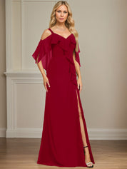 Sheath/Column Cold Shoulder V-Neck Floor-Length Chiffon Dress With Cascading Ruffles Sequins Beading