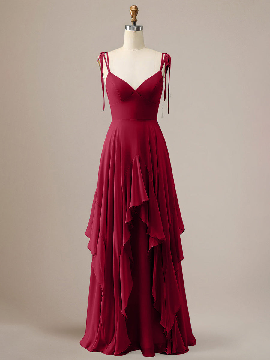 Elegant Dusty Blue A Line Spaghetti Straps Chiffon Long Bridesmaid Dress with Ruffles