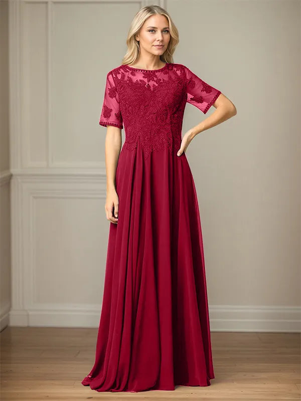 A Line Chiffon Scoop Neck Short Sleeves Floor Length Mother of the Bride Dresses