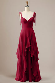 Elegant Dusty Blue A Line Spaghetti Straps Chiffon Long Bridesmaid Dress with Ruffles