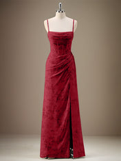 Black Sheath Spaghetti Straps Pleated Long Bridesmaid Dress with Slit