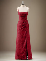 Black Sheath Spaghetti Straps Pleated Long Bridesmaid Dress with Slit