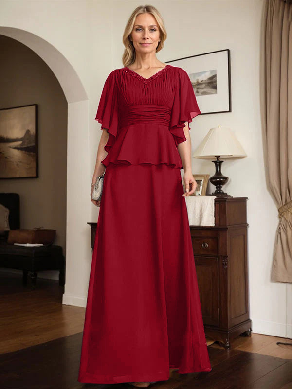 A-line V-Neck Floor-Length Chiffon Mother of the Bride Dress With Pleated Beading