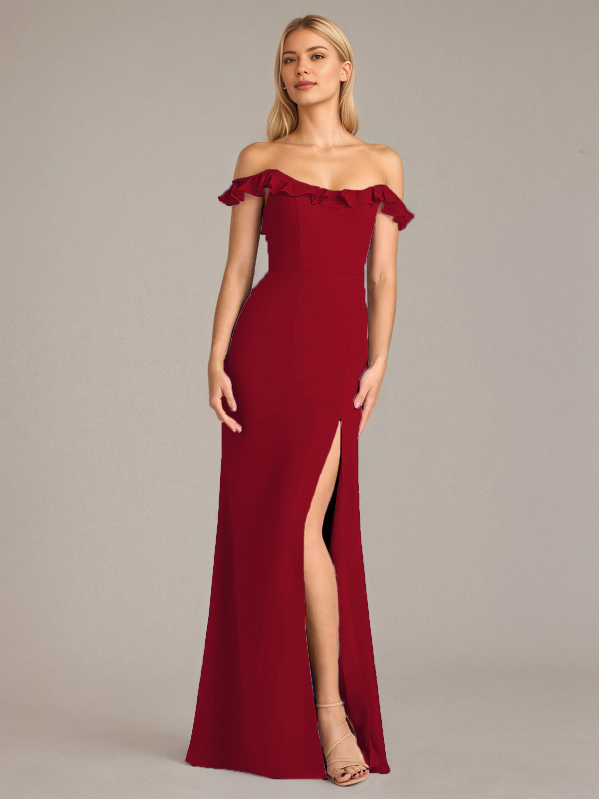 Column Chiffon Off The Shoulder Sleeveless Floor Length Dresses With Ruffles