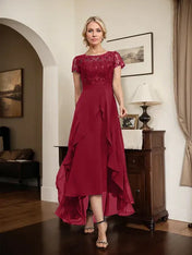 A-line Scoop Illusion Asymmetrical Chiffon Lace Mother of the Bride Dress With Bow Ruffle Sequins