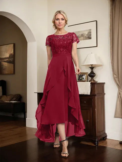 A-line Scoop Illusion Asymmetrical Chiffon Lace Mother of the Bride Dress With Bow Ruffle Sequins