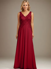 Burgundy A-line V Neck Floor-Length Lace Chiffon Mother of the Bride Dresses