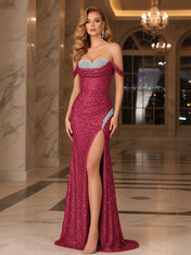 Dark Red Crystal Off-the-Shoulder Corset Prom Dress with Slit