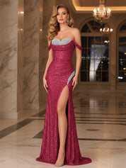 Dark Red Crystal Off-the-Shoulder Corset Prom Dress with Slit