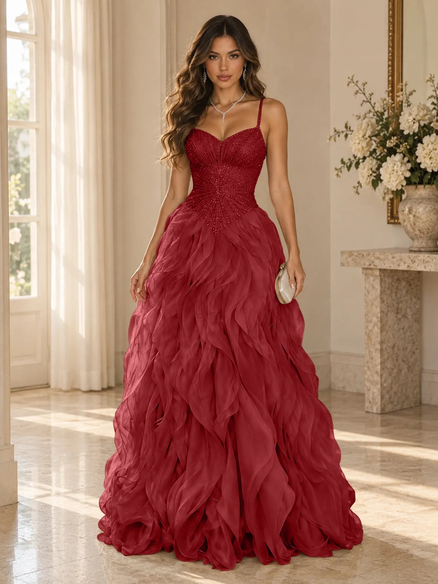 Elegant Beaded Spaghetti Strap Tiered Ruffle Ball Gown Evening Dress