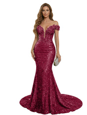 Sparkly Off The Shoulder Sequin Long Mermaid Corset Prom Dresses