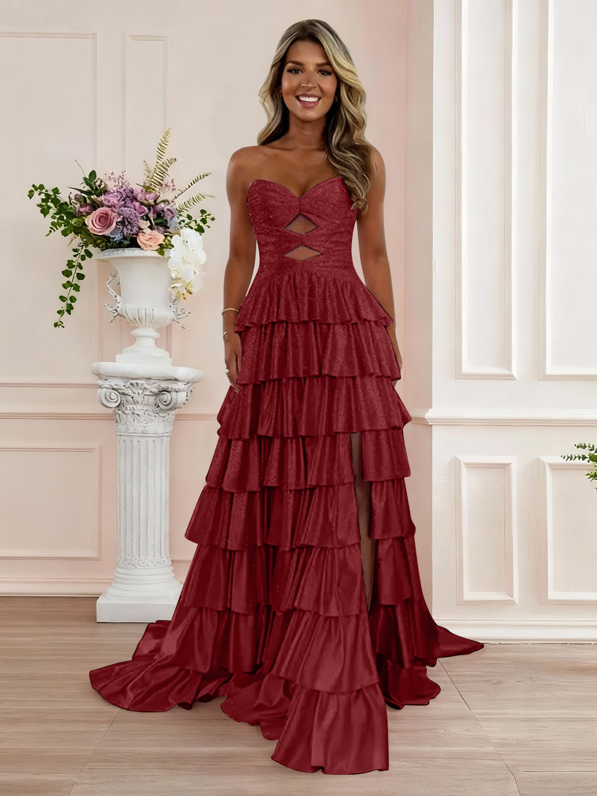 A Line Strapless Sweetheart Satin Prom Dress with Keyhole