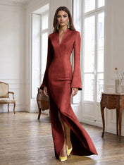 Yellow Long Bell Sleeve Mermaid Evening Gown with Asymmetric V-Neck Formal Dresses