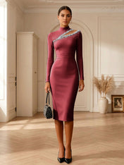 Formal Evening Gown Striking Obsidian Black Crystal Cutout Bodycon Midi Dress