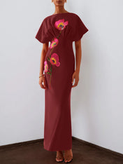 Red 3D Floral Appliqué Boat Neck Short Sleeve Backless Sheath Maxi Dress