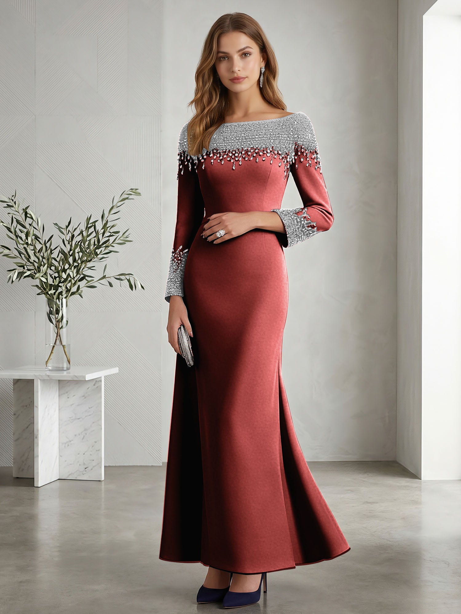 Formal Evening Dress Midnight Navy Velvet Long Sleeves Maxi Dress with Crystal