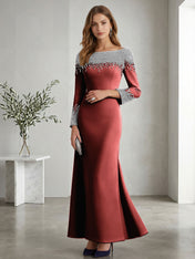 Formal Evening Dress Midnight Navy Velvet Long Sleeves Maxi Dress with Crystal