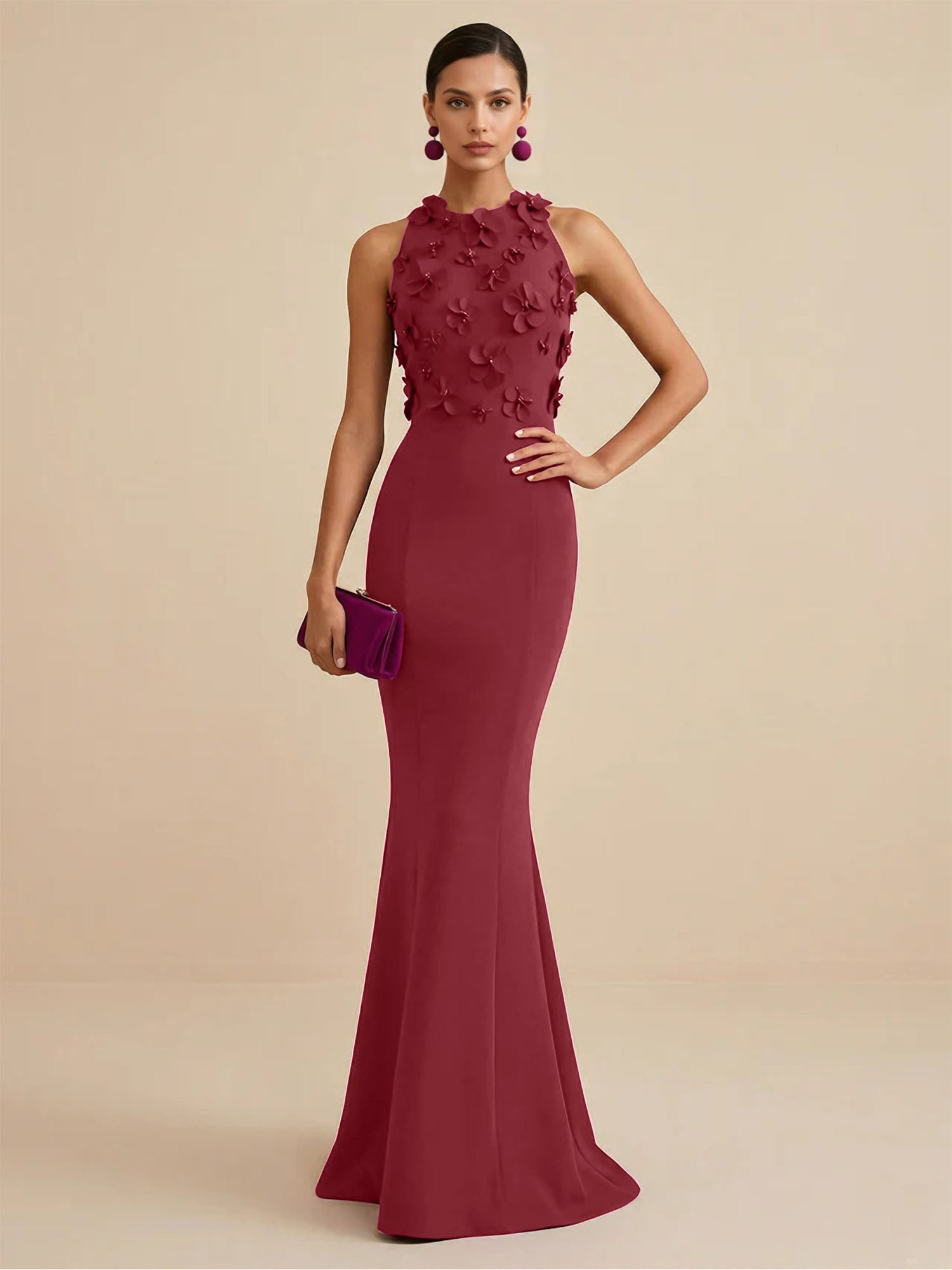 Deep Fuchsia Sleeveless High Neck 3D Floral Mermaid Formal Gown Evening Dress
