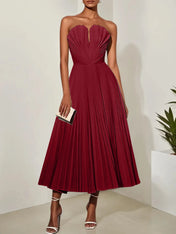 White Pleated Classic Strapless Sleeveless A-Line Midi Dress