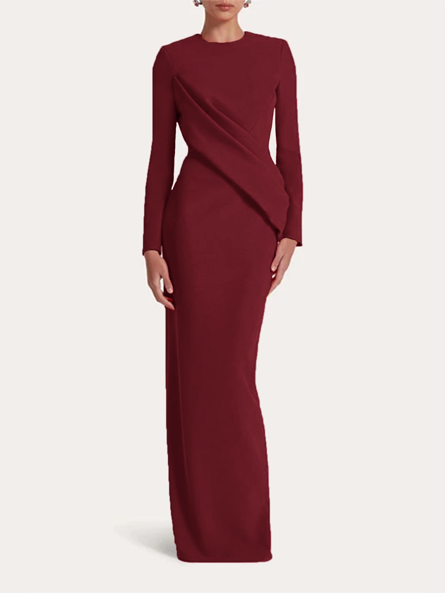 Red Sheath/Column Scoop Long Sleeves Chiffon Floor-Length Ruffles Formal Dress