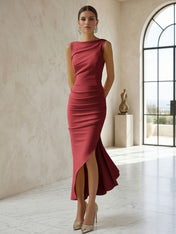 Elegant Formal Evening Gown Butter Yellow Ruched Asymmetrical Midi Dress