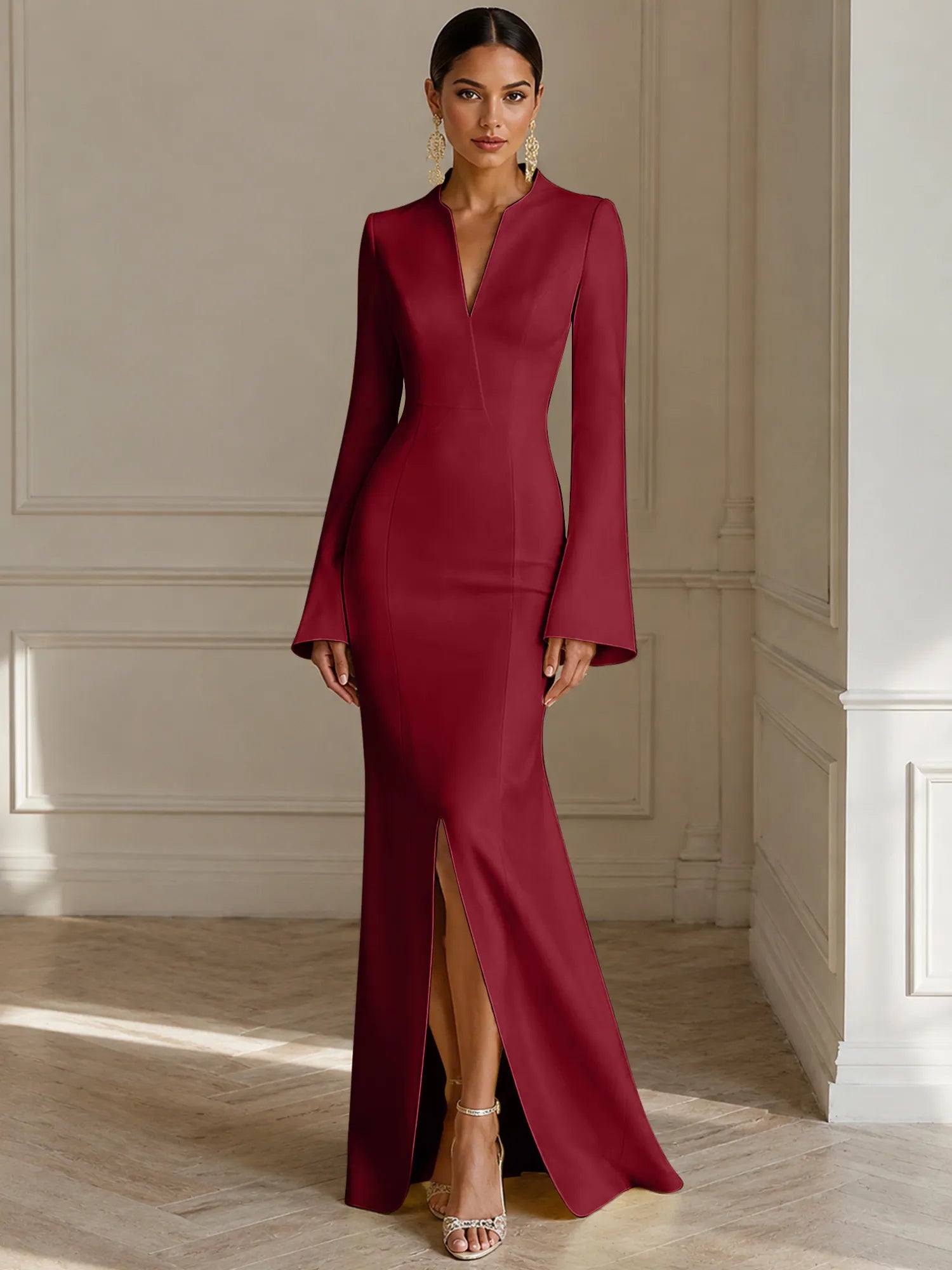 Formal Yellow V Neck Long Sleeves Floor Length Dress With Slit