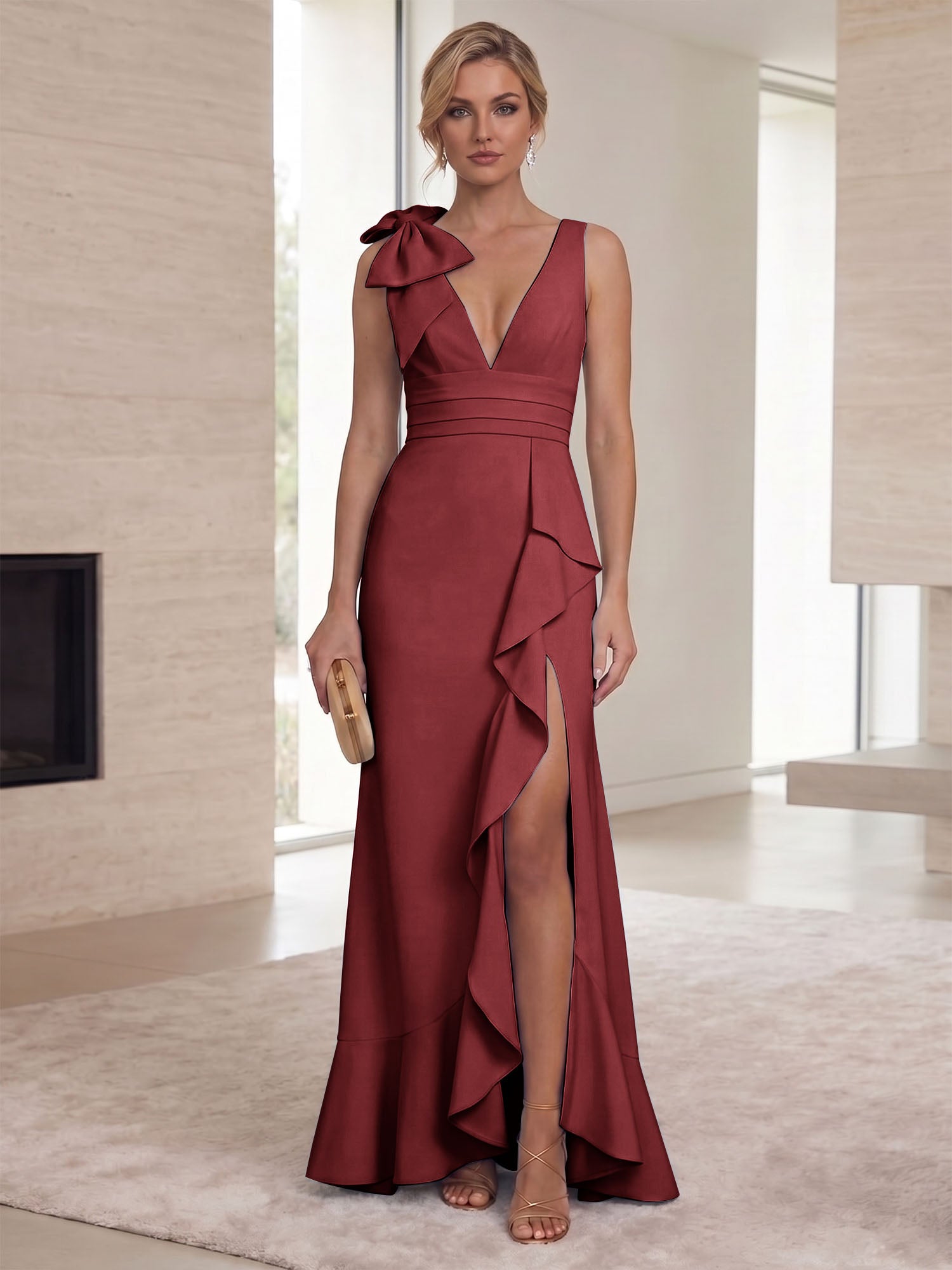 Ice Blue Bow-Accent Ruffle Slit Gown Formal Evening Dress
