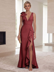 Ice Blue Bow-Accent Ruffle Slit Gown Formal Evening Dress