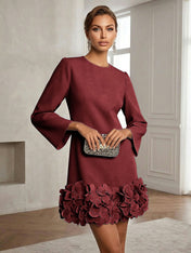 Powder Blue 3D Floral Classic Crew Neck Bell Long Sleeve Shift Mini Dress